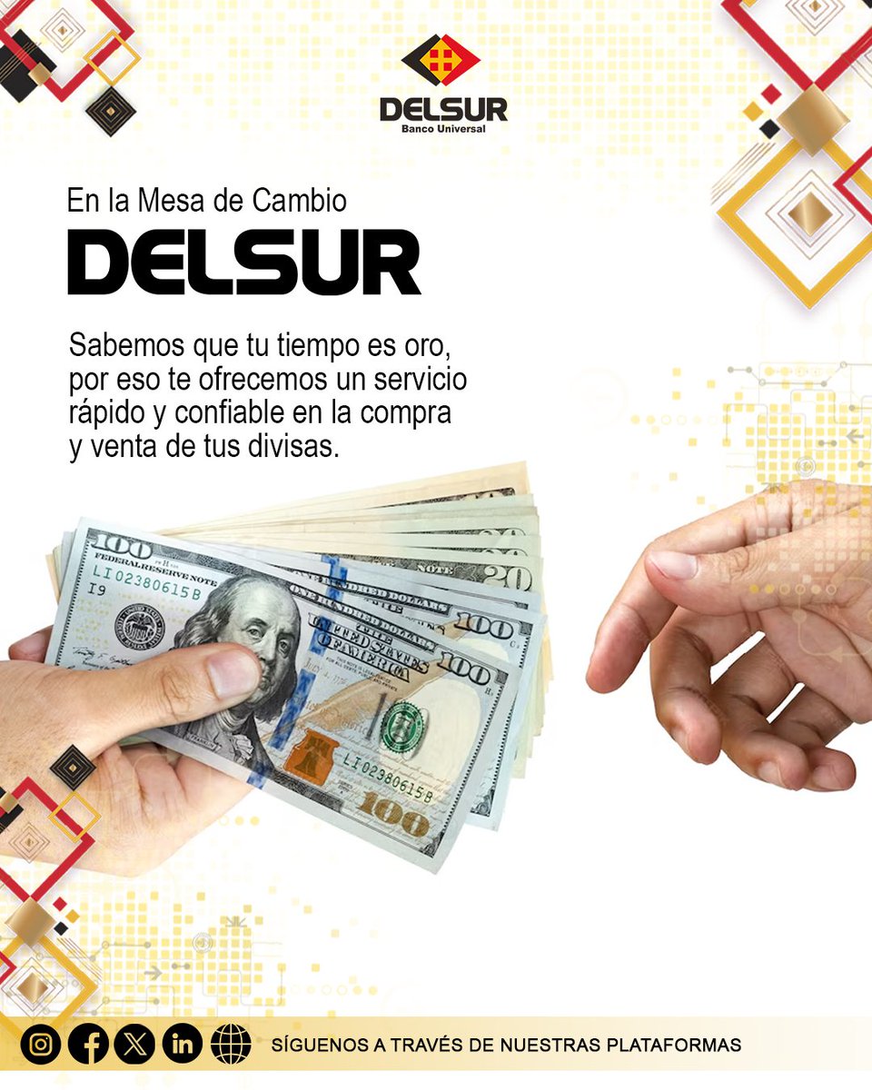 DELSURBanco's tweet photo. 🌍¡Aprovecha la mejor experiencia en operaciones de divisas en DELSUR Banco Universal!
 ¡No esperes más! Visita nuestras sucursales o contáctanos a través de nuestras redes sociales para obtener más información sobre el servicio operaciones en divisas 
#DELSURBanco #MesaDeCambio https://t.co/9JB4F8QgHI