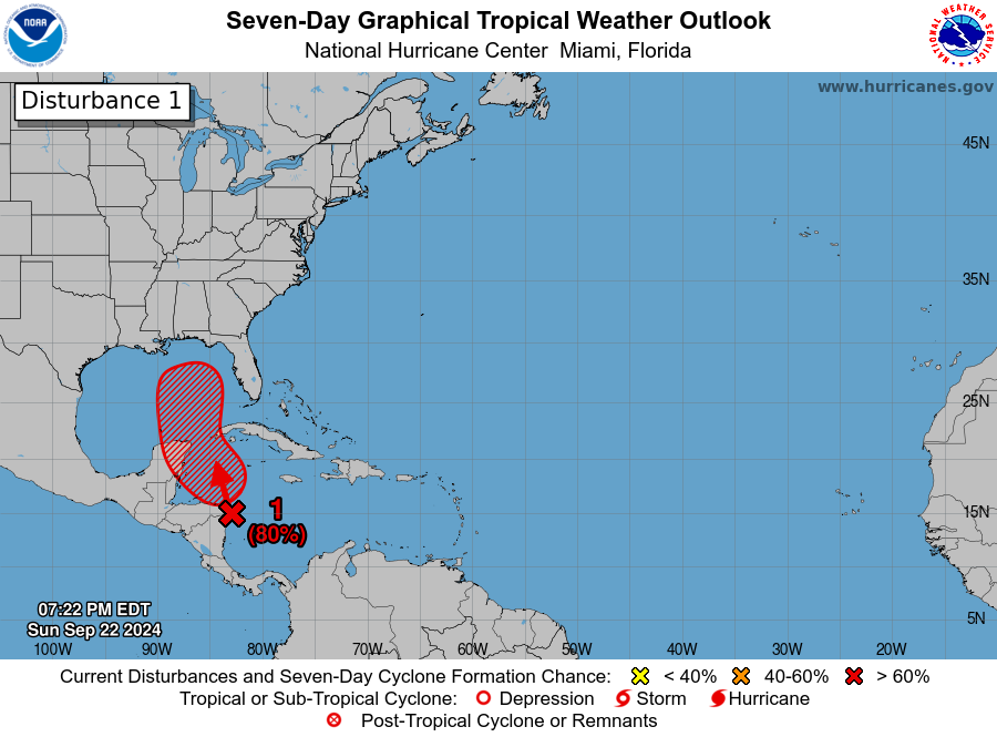 NWSTampaBay's tweet photo. 8 PM EDT Tropical Weather Outlook from @NHC_Atlantic: 
2-day development chances - 50% 🟠
7-day development chances - 80% 🔴

Development likelihood increasing, but ultimate impacts and location still TBD. 

Chances for mid to late week impacts increasing for eastern Gulf. (1/2) https://t.co/beblndLhu8