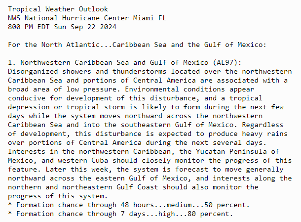 NWSTampaBay's tweet photo. 8 PM EDT Tropical Weather Outlook from @NHC_Atlantic: 
2-day development chances - 50% 🟠
7-day development chances - 80% 🔴

Development likelihood increasing, but ultimate impacts and location still TBD. 

Chances for mid to late week impacts increasing for eastern Gulf. (1/2) https://t.co/beblndLhu8
