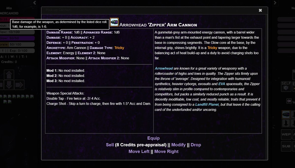 Busy working on an overhaul of my Text RPG framework, and this is about where I'm settled with the inventory item UI. Much neater than my old one, which was all of this information just cascading down! #gamedev #twine