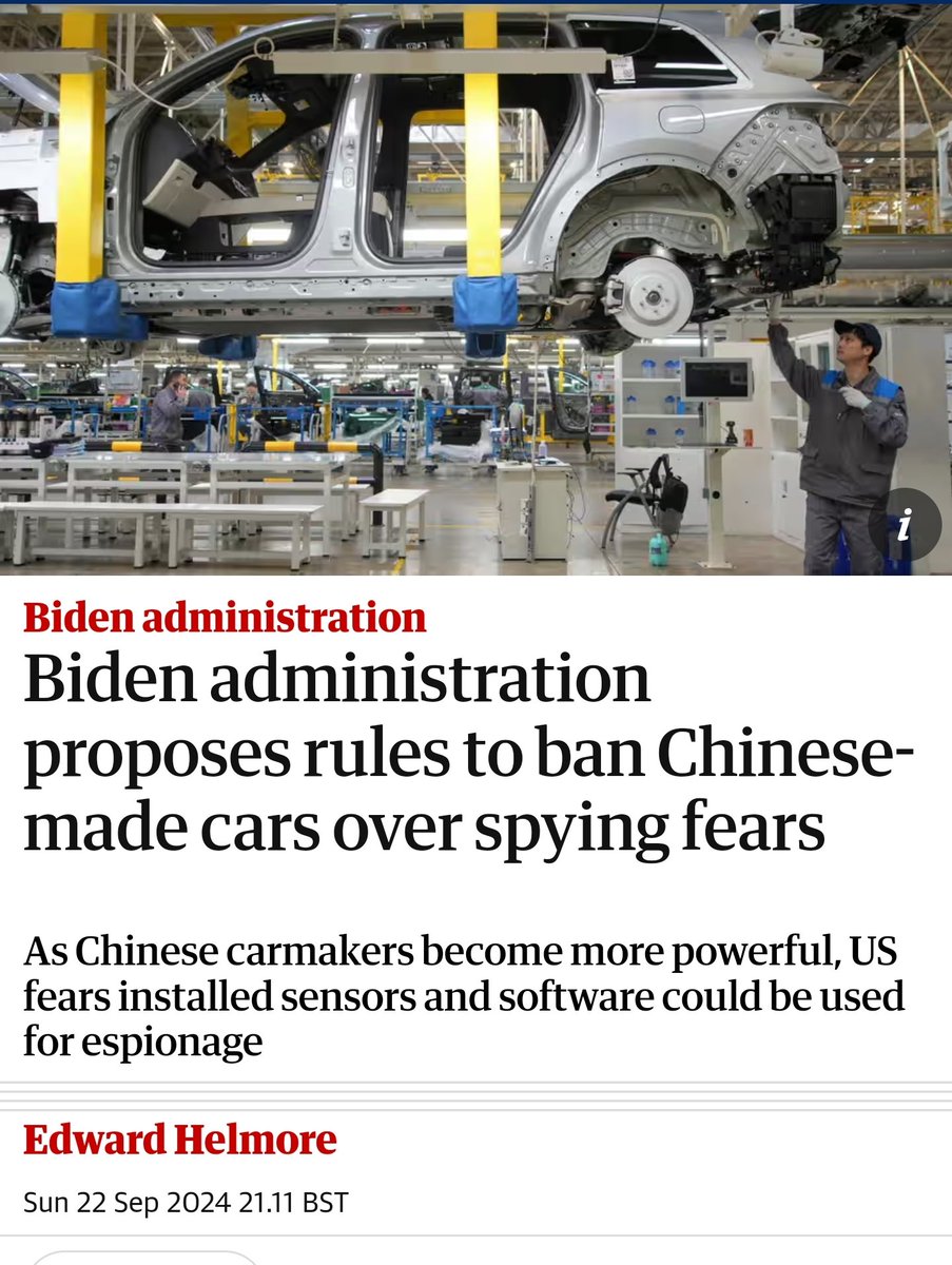 The US now wants to completely ban all Chinese cars from their roads with rules that "prohibit car manufacturers from selling cars in the US with important components or software from China". 

Funny how all the beautiful talk about "free markets" disappears once actual