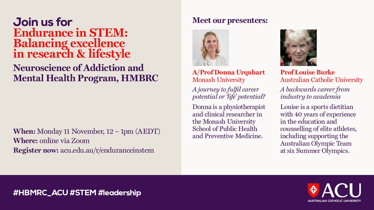 Healthy Brain and Mind Research Centre (@hbmrc_acu) on Twitter photo 📢The 2nd instalment of our talk series 'Endurance in #STEM' is approaching📢
With industry expert and sports dietician 💻🥑<a href="/LouiseMBurke/">Louise Burke</a> & world-record ultra-marathon run #Antarctica Donna Urquhart 🏃♀️
Date: Mon 11 Nov
Time: 12pm AEDT
Register now ⬇️
acu.edu.au/r/enduranceins… 📢The 2nd instalment of our talk series 'Endurance in #STEM' is approaching📢
With industry expert and sports dietician 💻🥑<a href="/LouiseMBurke/">Louise Burke</a> & world-record ultra-marathon run #Antarctica Donna Urquhart 🏃♀️
Date: Mon 11 Nov
Time: 12pm AEDT
Register now ⬇️
acu.edu.au/r/enduranceins…