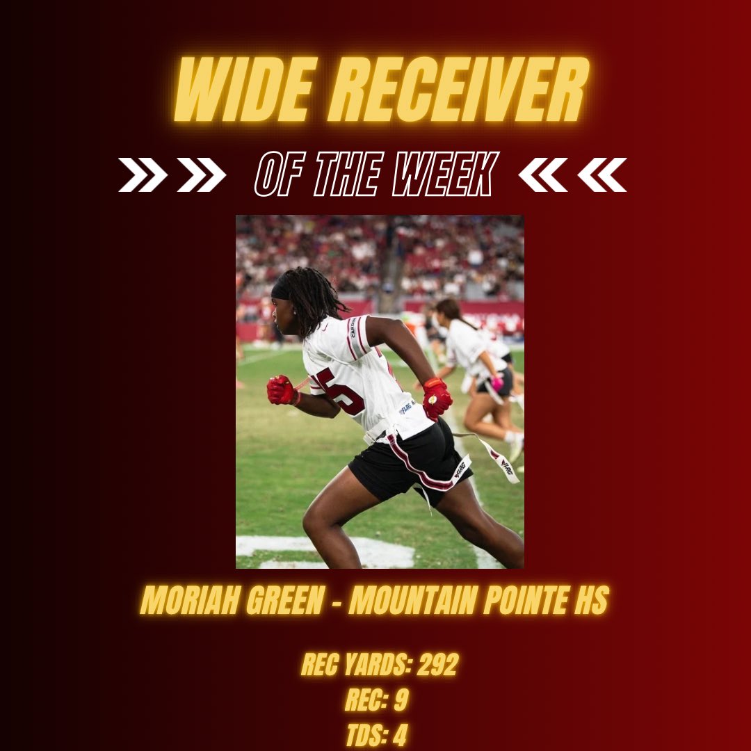 ArizonaFlag's tweet photo. Our Week one Wide Receiver of the Week 🤝🏼

Moriah Green - Mountain Pointe HS⭐️ https://t.co/zVcliEwy8c