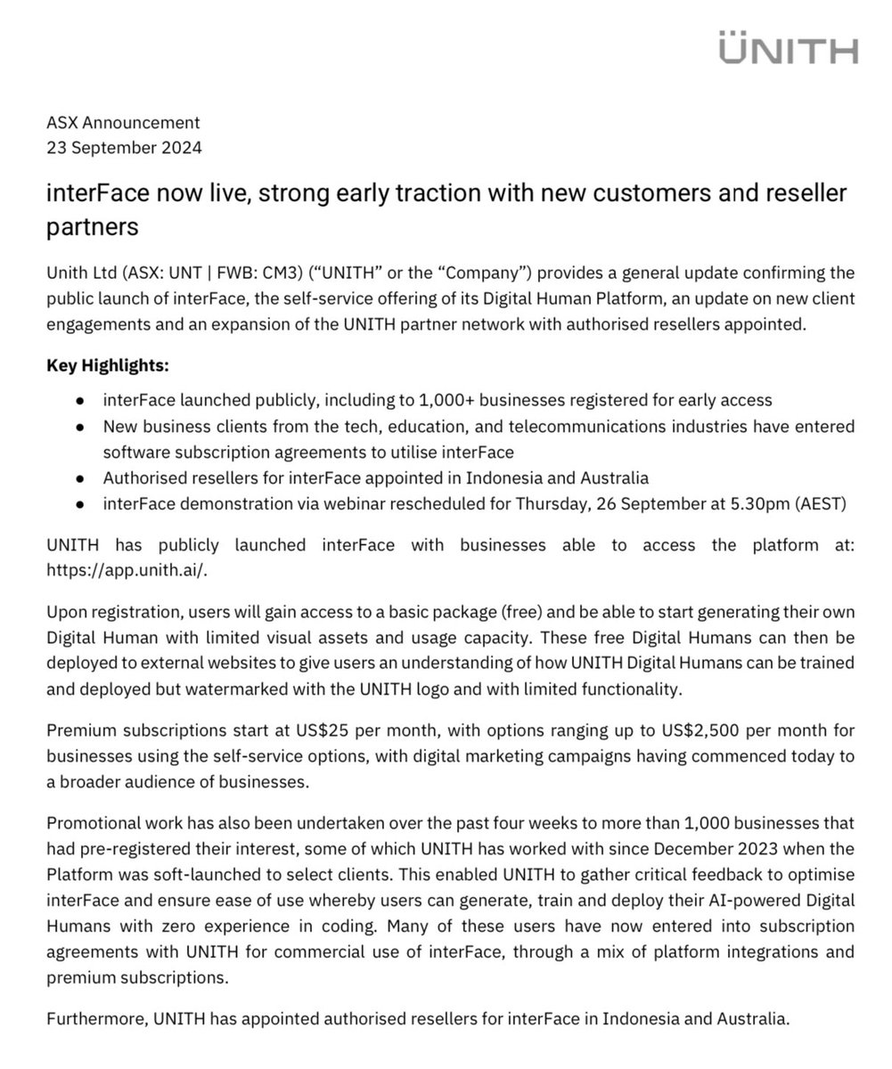 LithiumLover2's tweet image. Unith
#interFace now live, strong early traction with new customers and reseller partners.
#Unith #AI #digitalhumans $UNT
Unith.ai