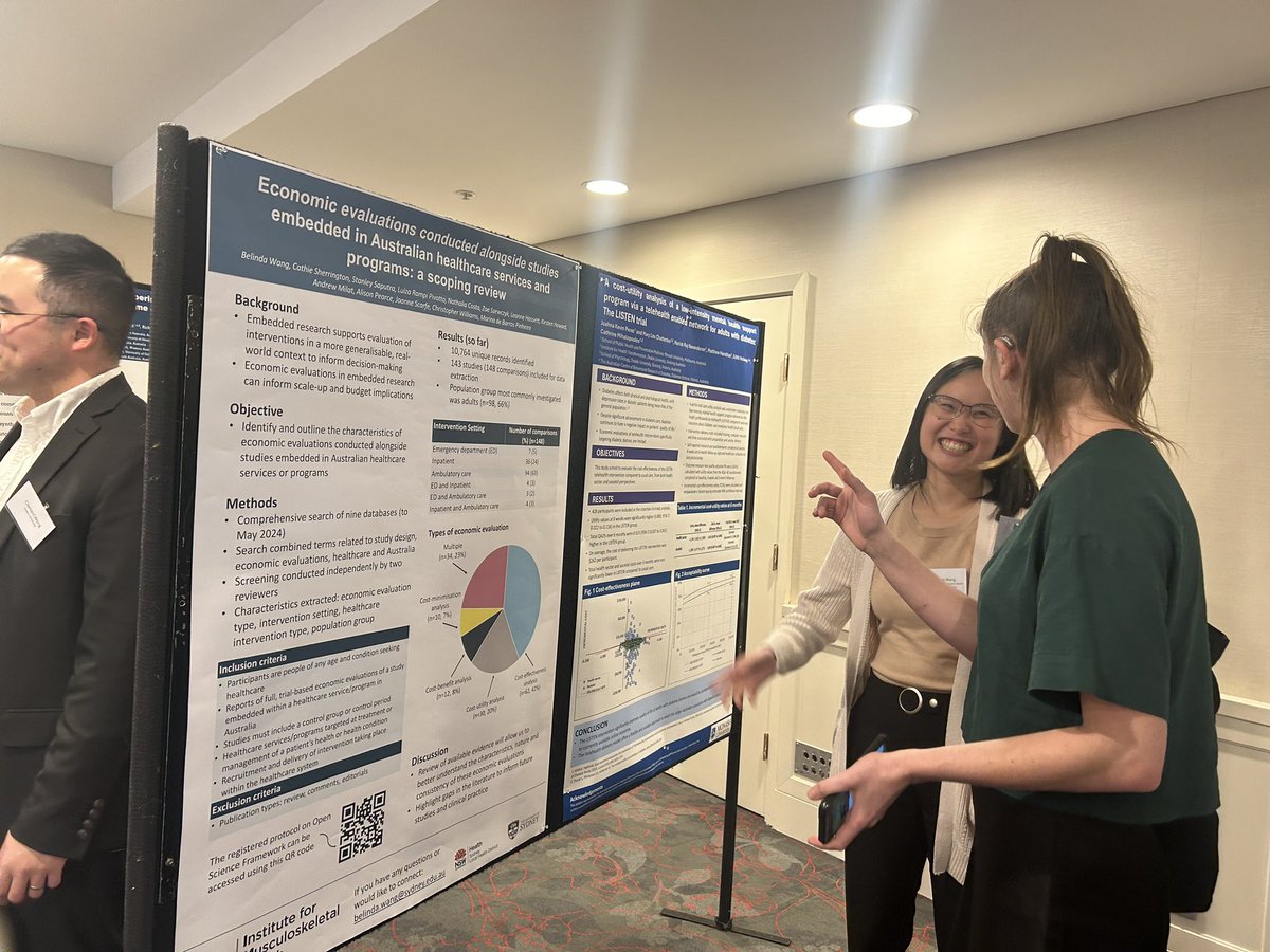 Marina Pinheiro (@mabpinheiro) on Twitter photo Great poster by our PhD candidate Belinda Wang at the Australian Health Economics society conference #AHES2024: A scoping review of economic evaluations conducted alongside trials embedded in health care services. <a href="/msk_health/">Institute for Musculoskeletal Health</a> <a href="/CathieSherr/">Prof Cathie Sherrington</a> <a href="/AusHealthEcon/">Australian Health Economics Society</a> Great poster by our PhD candidate Belinda Wang at the Australian Health Economics society conference #AHES2024: A scoping review of economic evaluations conducted alongside trials embedded in health care services. <a href="/msk_health/">Institute for Musculoskeletal Health</a> <a href="/CathieSherr/">Prof Cathie Sherrington</a> <a href="/AusHealthEcon/">Australian Health Economics Society</a>