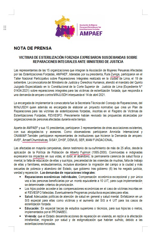 ampaef's tweet photo. AMPAEF: VICTIMAS DE ESTERILIZACIÓN FORZADA EXPRESARON SUS DEMANDAS SOBRE REPARACIONES INTEGRALES ANTE MINISTERIO DE JUSTICIA
@MinjusDH_Peru @larepublica_pe @Latina_pe @ATVNoticiasAD @noticiAmerica @noticias_tvperu @PTV_Noticias @MimpPeru @France24_es @FRANCE24 https://t.co/9TjBIj4Lz4