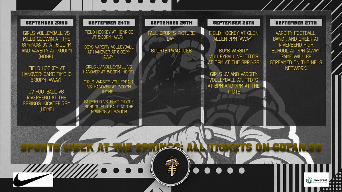 Action packed week of Sports at the Springs!! Plenty of chances to come support all of our fall sports at the Springs. Also, we got middle school football on Tuesday, as Fairfield and Elko will play at HSHS!