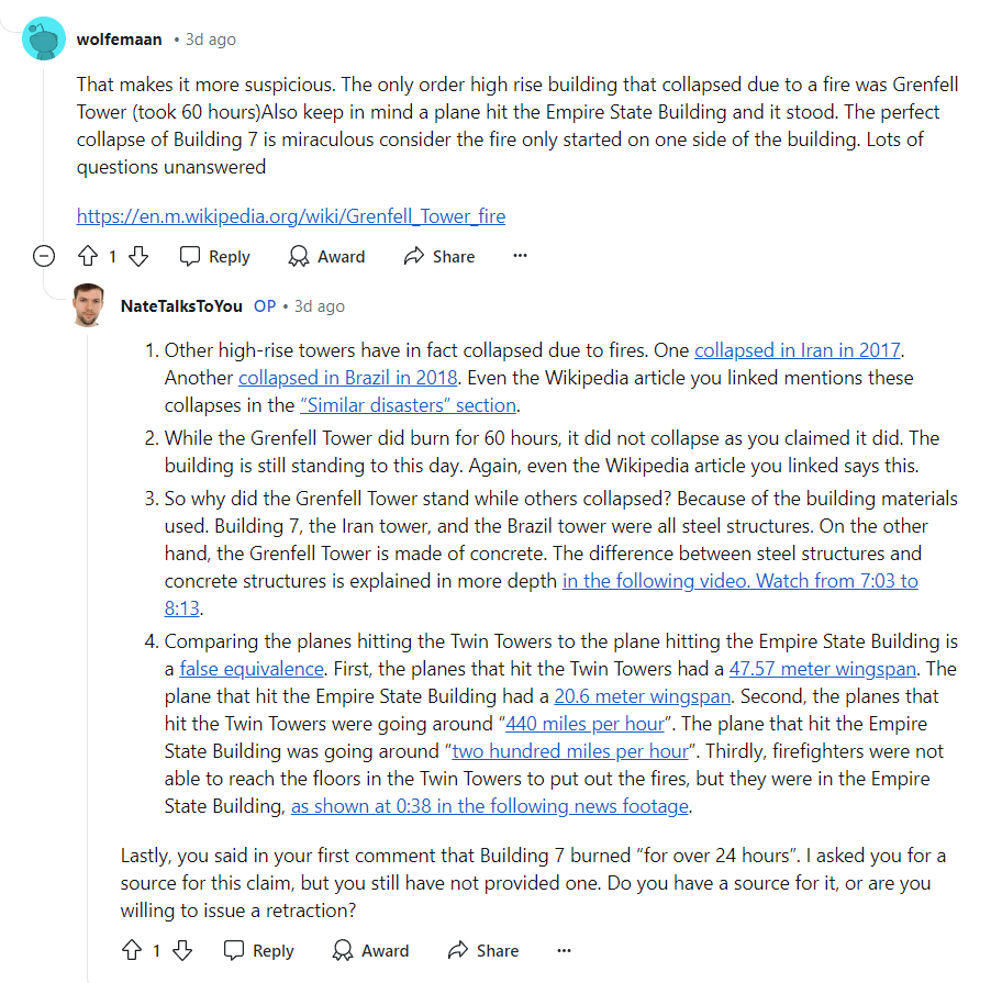 NateTalksToYou's tweet image. 9/11 conspiracy theorist asks me questions, but gets mad and leaves when I can answer them.
#September11 #Building7 #WTC7