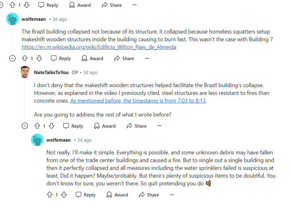 NateTalksToYou's tweet image. 9/11 conspiracy theorist asks me questions, but gets mad and leaves when I can answer them.
#September11 #Building7 #WTC7