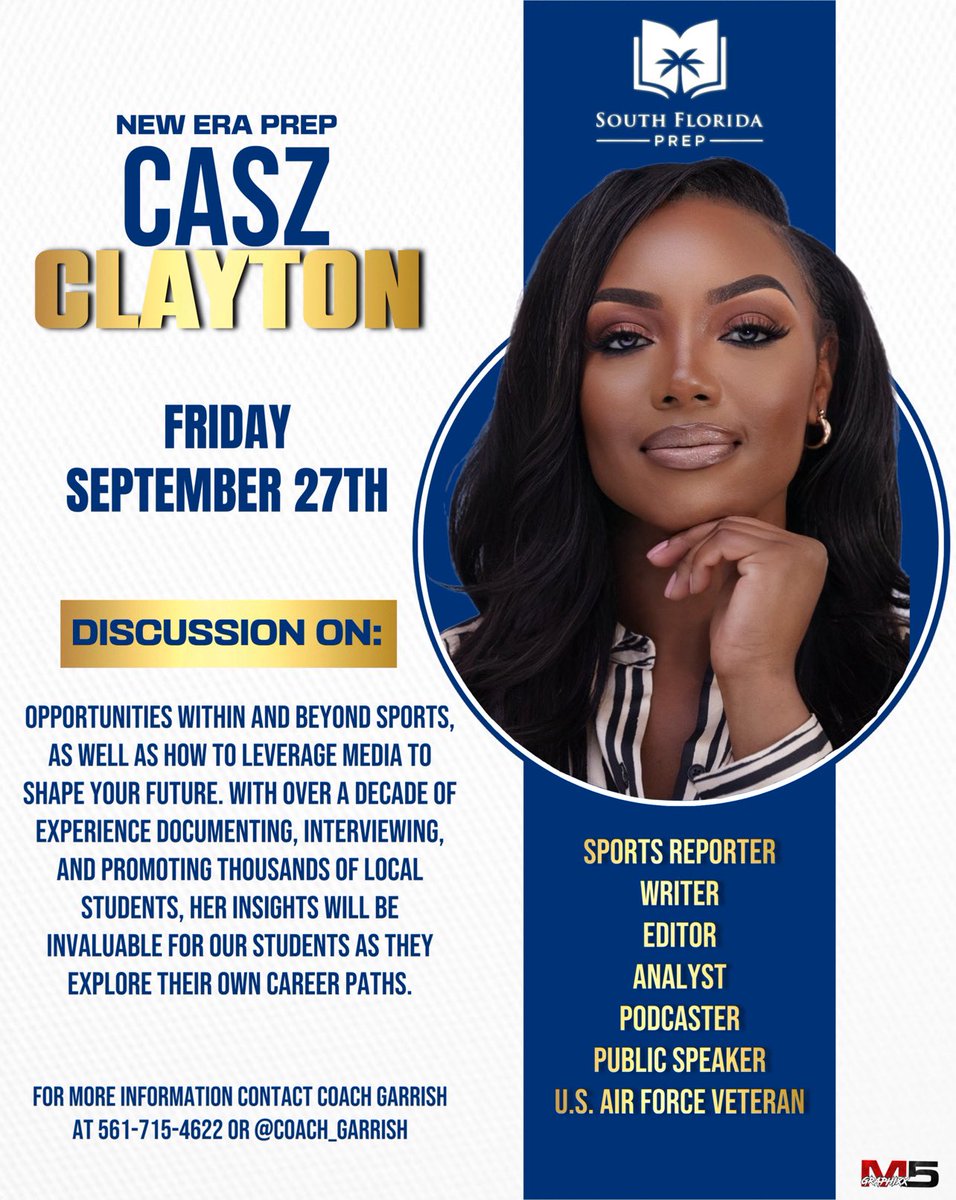Excited to announce our first special guest speaker, Casz Clayton, this Friday! She'll discuss opportunities in and beyond sports and how to leverage media for your future. With over a decade of experience, her insights will be invaluable for our students.