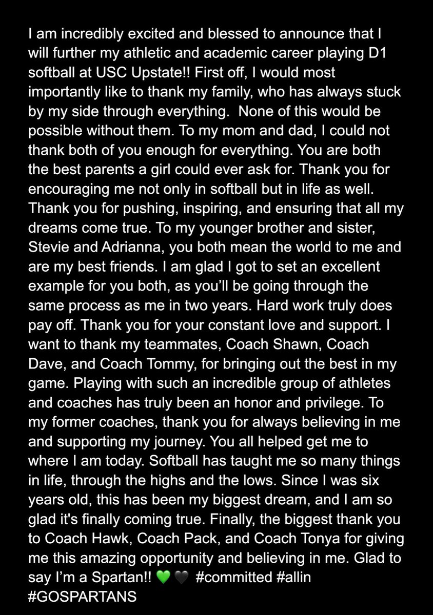 gbryce2026's tweet image. I am extremely excited and blessed to announce my commitment to play division one softball at USC Upstate!!
 #gospartans 💚🖤@UpstateSoftball @PACKUPSTATE @HawkinsChawkins @Coach_TMeds @UnityNewJersey @NJUnityMchale @S_McHale12 
@ALLNJSoftball @ColtsNeckSB @CNHSAthletics