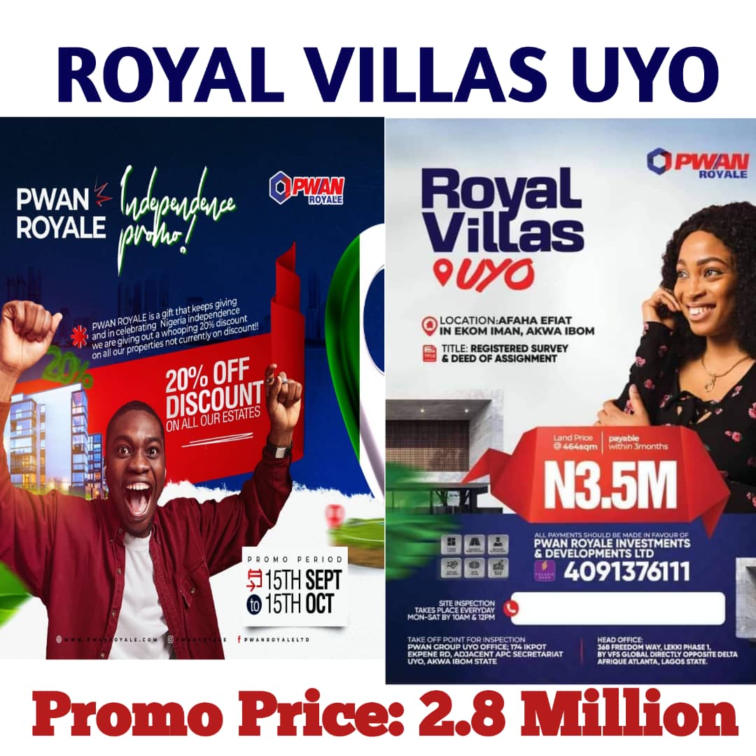 IniAbia's tweet photo. DON’T MISS OUT ON THE OPPORTUNITY TO BECOME RICHER IN A FEW DAYS! 🚨🚨🚨

Invest now in our array of PWAN Royale properties currently selling at a promo price with 20% discount before the 15th of October 2024:

Particularly ROYAL VILLAS, UYO. https://t.co/6DruU1F9Am