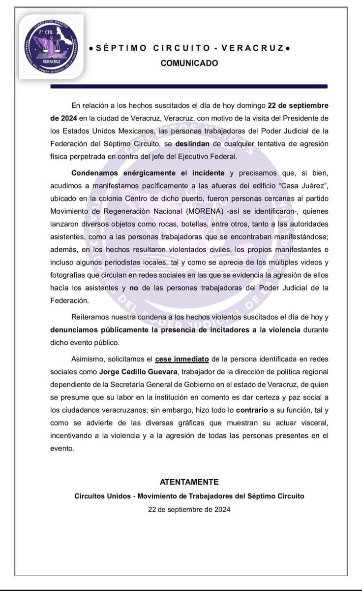 Los trabajadores del #PJF nos deslindamos del acto de violencia, asi como la narrativa que buscan crear desde el partido oficial, urgimos a las autoridades para que garanticen la seguridad de todo ciudadano amenazado en redes sociales