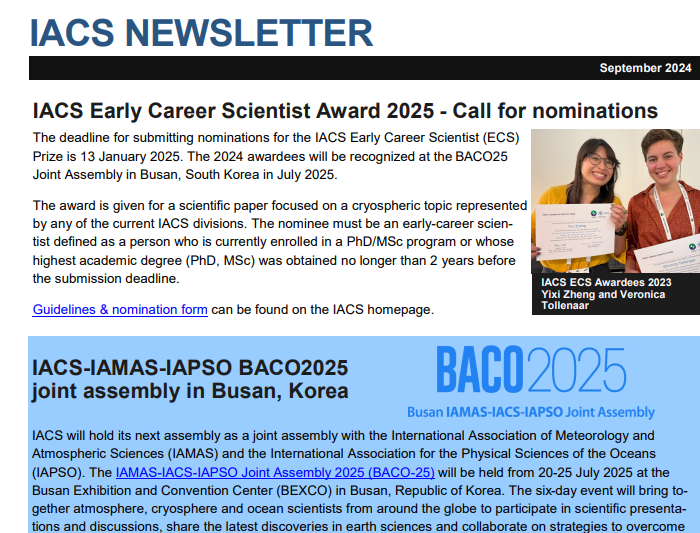 IACS (@iacscryo) on Twitter photo <a href="/iacscryo/">IACS</a> September newsletter is out, contents: 
- IACS Early Career Scientist Award 2025
- BACO2025 joint assembly in Busan
- Support requests for Workshops and events - deadline 1 October
- Reports from IACS co-sponsored workshops 
- IACS Annual Bureau meeting 26 June <a href="/iacscryo/">IACS</a> September newsletter is out, contents: 
- IACS Early Career Scientist Award 2025
- BACO2025 joint assembly in Busan
- Support requests for Workshops and events - deadline 1 October
- Reports from IACS co-sponsored workshops 
- IACS Annual Bureau meeting 26 June