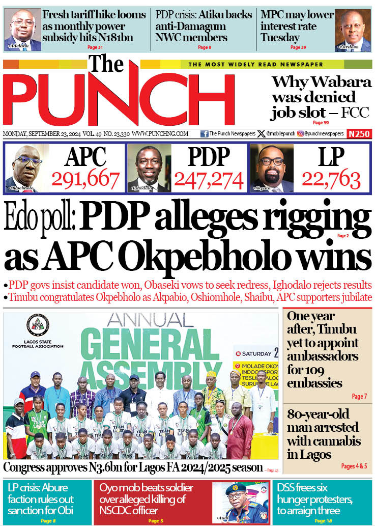 Ph_Towncrier's tweet photo. Nigeria newspaper frontpages
23/9/2024
After PDP win Edo election online, INEC declare APC senator Monday Okpebholo winner.
Marketers Optimistic of lifting Dangote petrol directly
Adamawa govt confirm 12 deaths from cholera
Monthly power subsidy hit N181b
#Egoras wike Atiku https://t.co/l60OqZLAOs