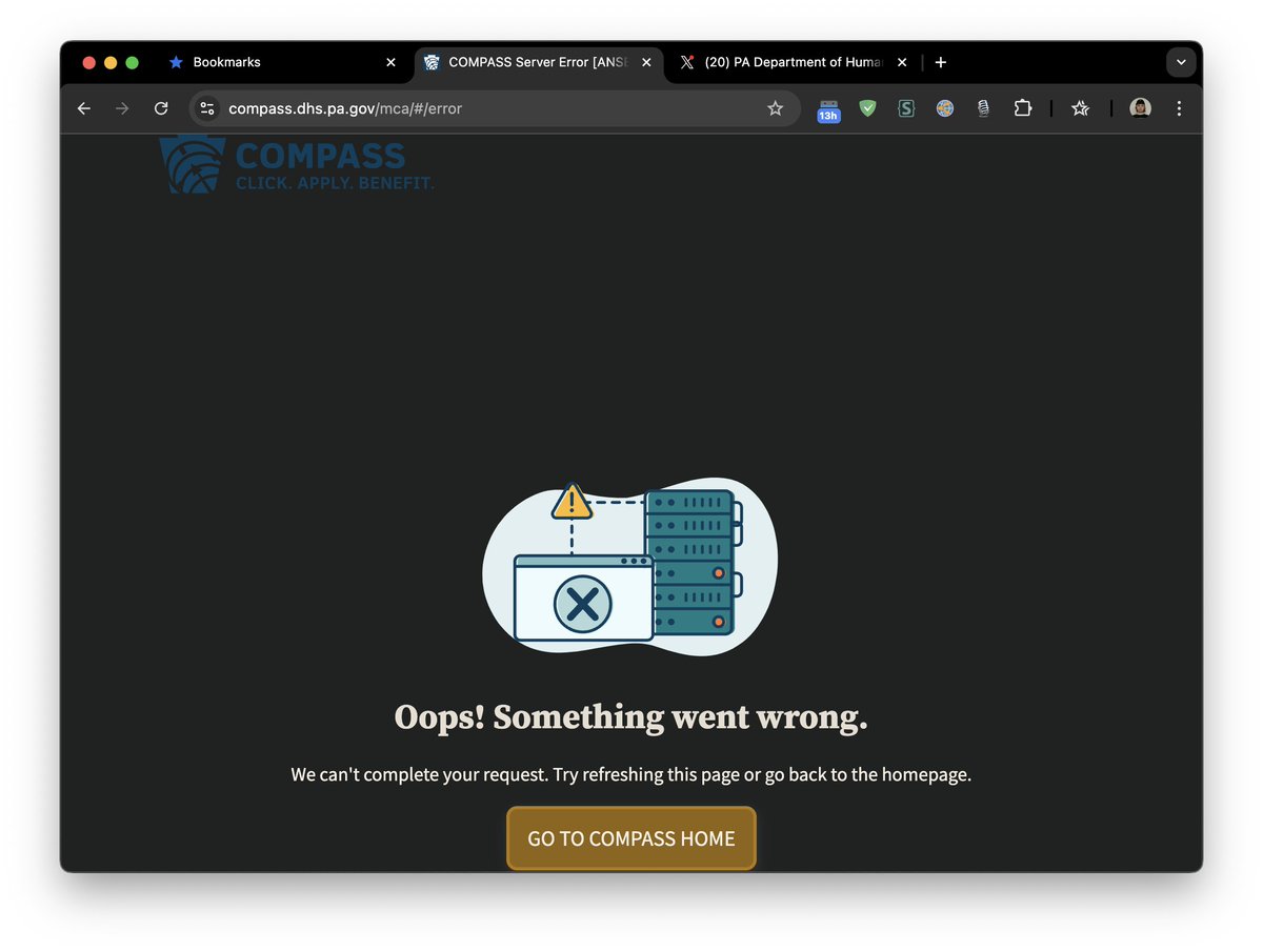 X1011_'s tweet photo. @PAHumanServices Can't do anything logged into COMPASS. Every request returns a 401 error with the response "JavaException: com.digev.fw.exception.GException: Recipient not found [{http://UserInfoProd}UserInfoProd_vs0]" https://t.co/hQnlOLEGBD