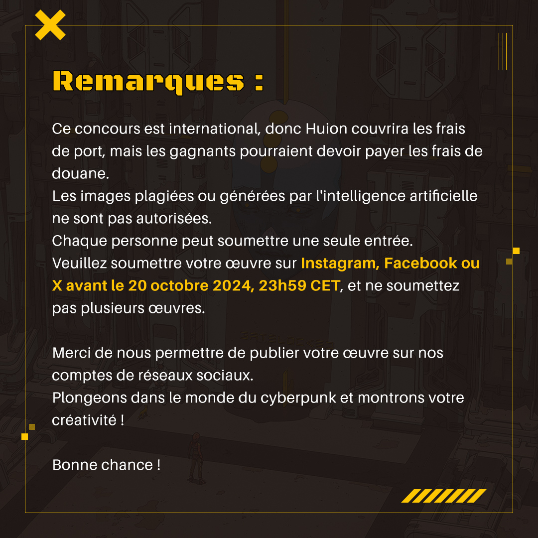 huiontablette's tweet image. #drawingcontest
Nous sommes ravis d&apos;annoncer notre concours de dessin sur le thème Cyberpunk pour célébrer le lancement du nouveau Kamvas 13 (Gen 3) de Huion (huion.com/fr/pen_display…) ! 

Pour les détails du concours, veuillez consulter l&apos;image.

 @TheBakaArts
#huiontablette
