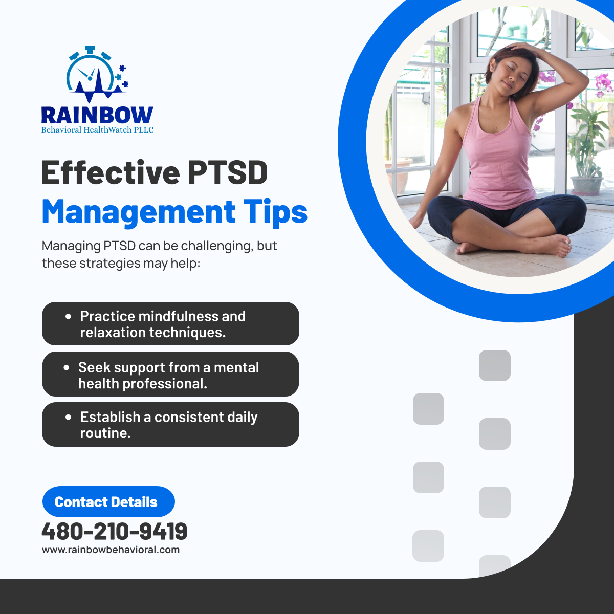 HealthwatchPLLC's tweet photo. Managing PTSD effectively involves several key strategies. Implement these tips to help improve your well-being. For more personalized support, reach out to us today.

#OroValleyAZ #PsychiatricTelehealth #PTSDManagement #PTSDManagementTips #MentalHealth https://t.co/EQudAz3qIr