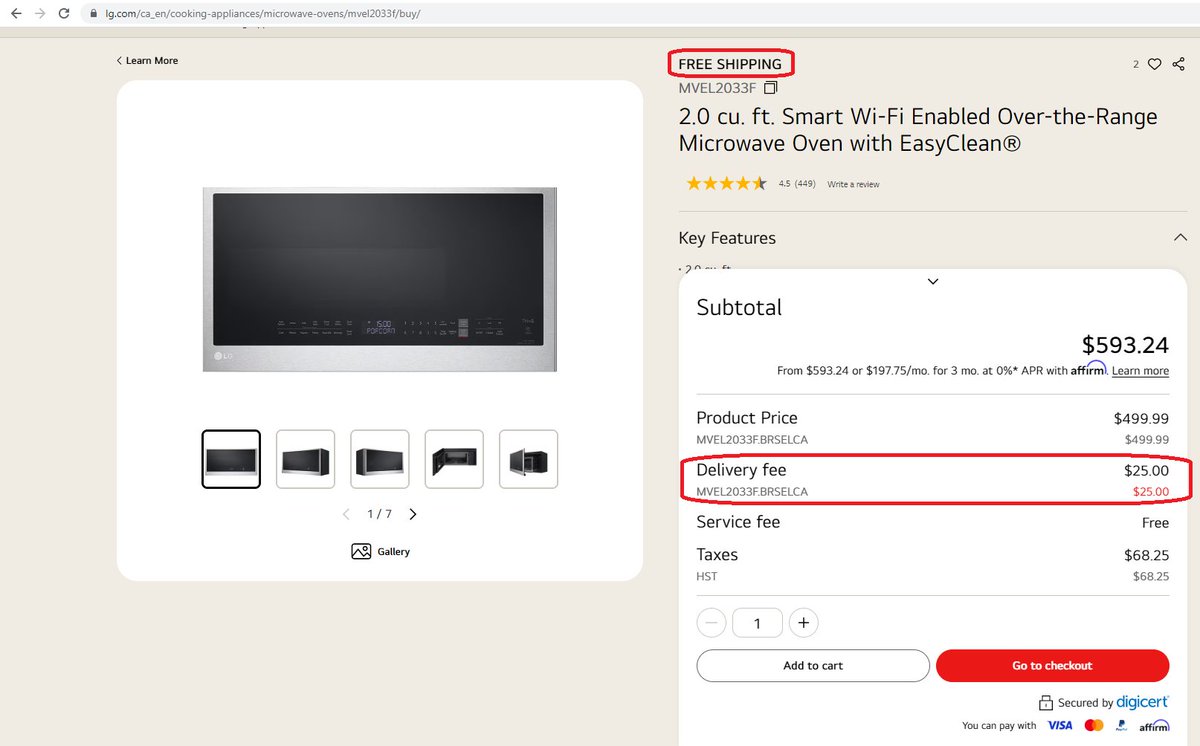 dtziruln's tweet photo. @LGCanada Your site says free shipping and I was being charged shipping. I asked why and was told that only certain appliances were eligible. Now the item I wanted to buy says FREE SHIPPING and I'm STILL being charged a delivery fee. How is this not misleading? https://t.co/fRRftvwmAX