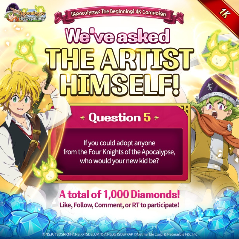 7DS_en's tweet photo. ⭐ <Apocalypse: The Beginning> 4Knights Part 1 - We've asked the artist himself!(5) ⭐

To participate tell us what answer did Nakaba Suzuki give to the fifth question? 

Comment with your server/friend code!

📅: Until September 25th

👀 Check the forum for more details!