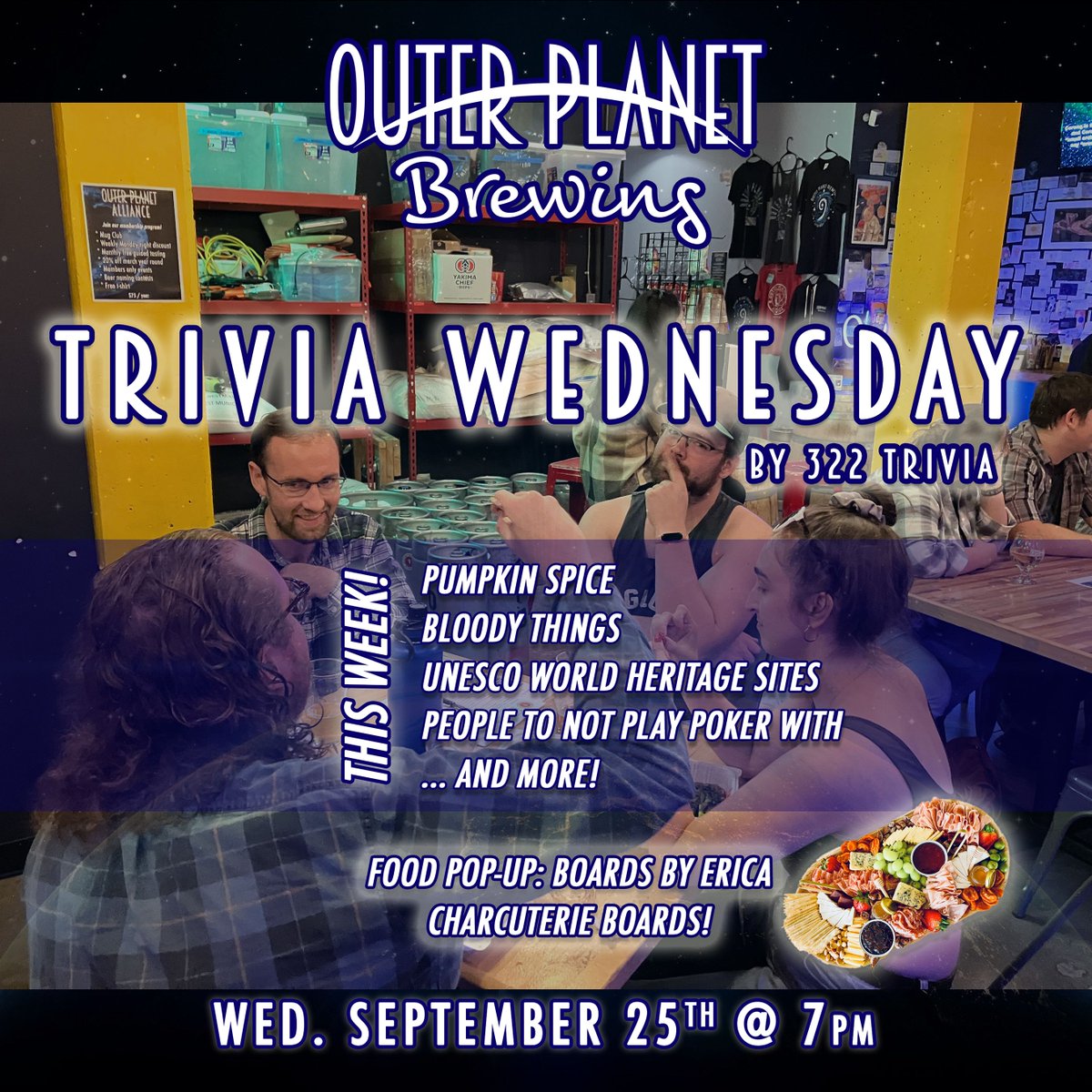 Wednesday trivia is back this week! We are celebrating the arrival of fall with themed rounds like Pumpkin Spice, Bloody Things, and more! We'll also have a food pop-up to feed everyone with delicious charcuterie and crudité boards 🍖🥖 Sign up at 6:30, game at 7, free to join 🏆