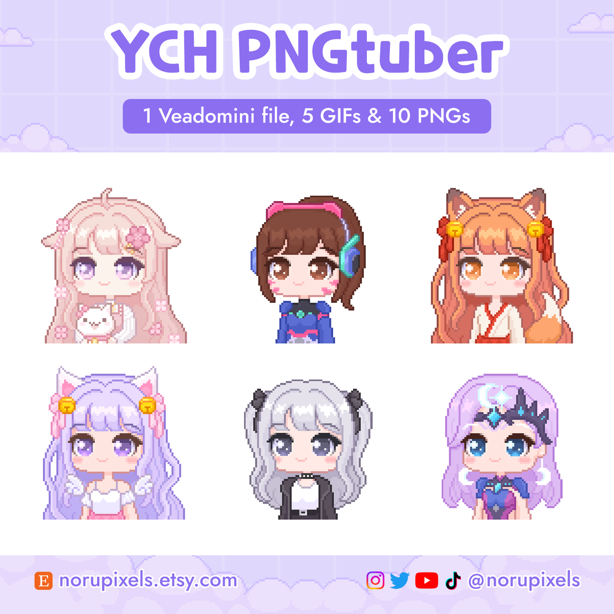 NoruPixels's tweet image. Commissions for YCH PNGtubers are now open! ^-^ For details see noru-commissions.carrd.co before contacting me on Etsy 💜