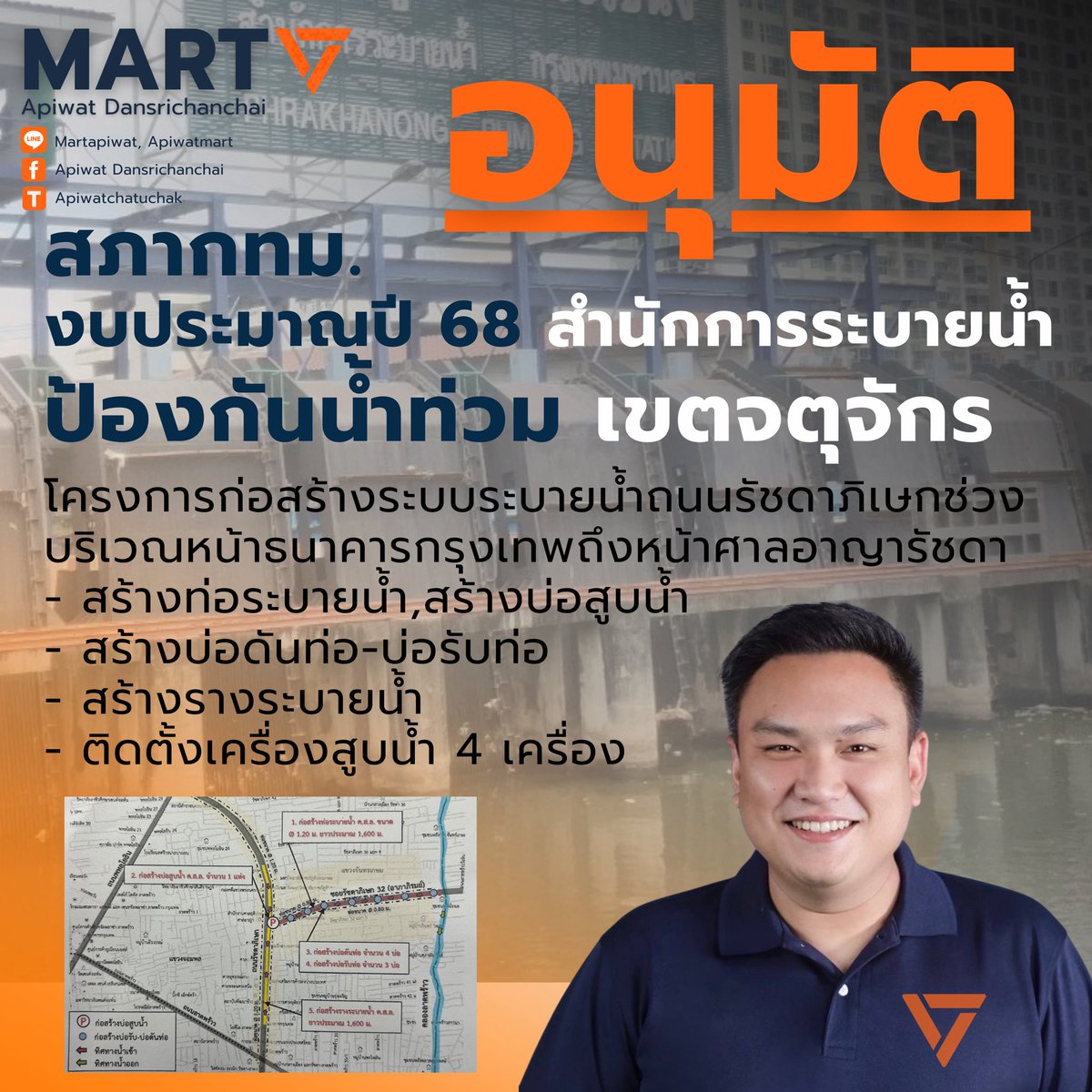 Apiwatmart1's tweet photo. รวบตึงผลักดันงบสร้างระบบระบายน้ำรัชดาฯ

มาร์ทในฐานะอนุกรรมการพิจารณางบประมาณรายจ่าย สำนักการระบายน้ำ กทม. ประจำปี 2568 ได้ผลักดันโครงการก่อสร้างระบบระบายน้ำถนนรัชดาภิเษก ช่วง ธ.กรุงเทพ-หน้าศาลอาญารัชดา เพื่อแก้ไขปัญหาน้ำท่วมขัง เพิ่มศักกยภาพในการระบายน้ำและลดจุดเสียงน้ำท่วม

ส.ก.อภิวัฒน์ ด่านศรีชาญชัย (มาร์ท) 
สมาชิกสภากรุงเทพมหานคร เขตจตุจักร

#สภอภิวัฒน์เขตจตุจักร #สกมาร์ทเขตจตุจักร
#อภิวัฒน์ด่านศรีชาญชัย #สกมาร์ท #งบ68 
#สมาชิกสภากรุงเทพมหานครเขตจตุจักร #พรรคประชาชน #จตุจักร #น้ำท่วม67