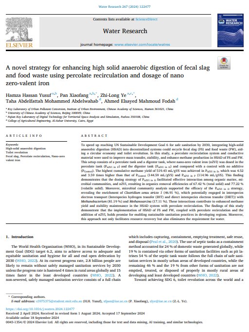 hamzeedodoh's tweet photo. I am excited to announce the publication of my final M.Eng. research paper in the Journal of Water Research Q1; IF = 11.4

“A Novel Strategy for Enhancing High-Solid Anaerobic Digestion of Fecal Slag and Food Waste Using Percolate Recirculation and Dosage of Nano Zero-Valent Iron https://t.co/ZSx6kO46nG