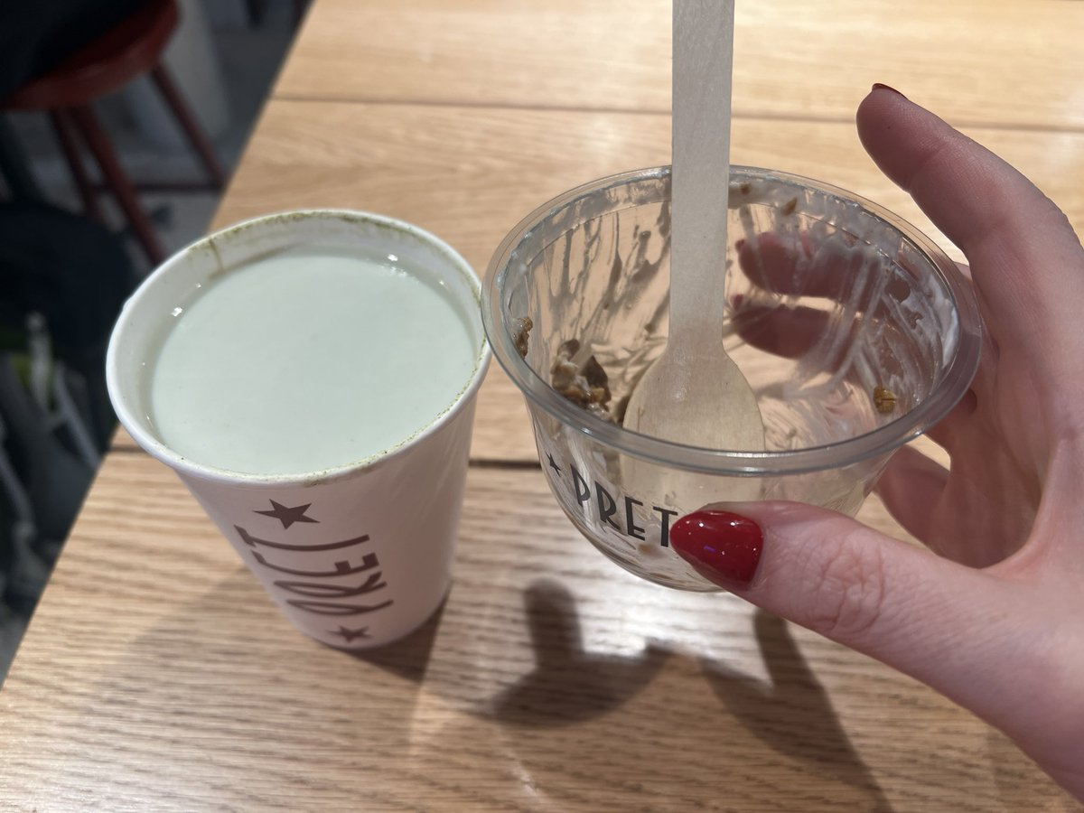 Dear @pret firstly this is not a Matcha latte, this is a cup of milk that has seen a dusting of Matcha. Secondly 5 quid for a small cup of yoghurt with some grains and 3 blueberries is ridiculous. Do better.