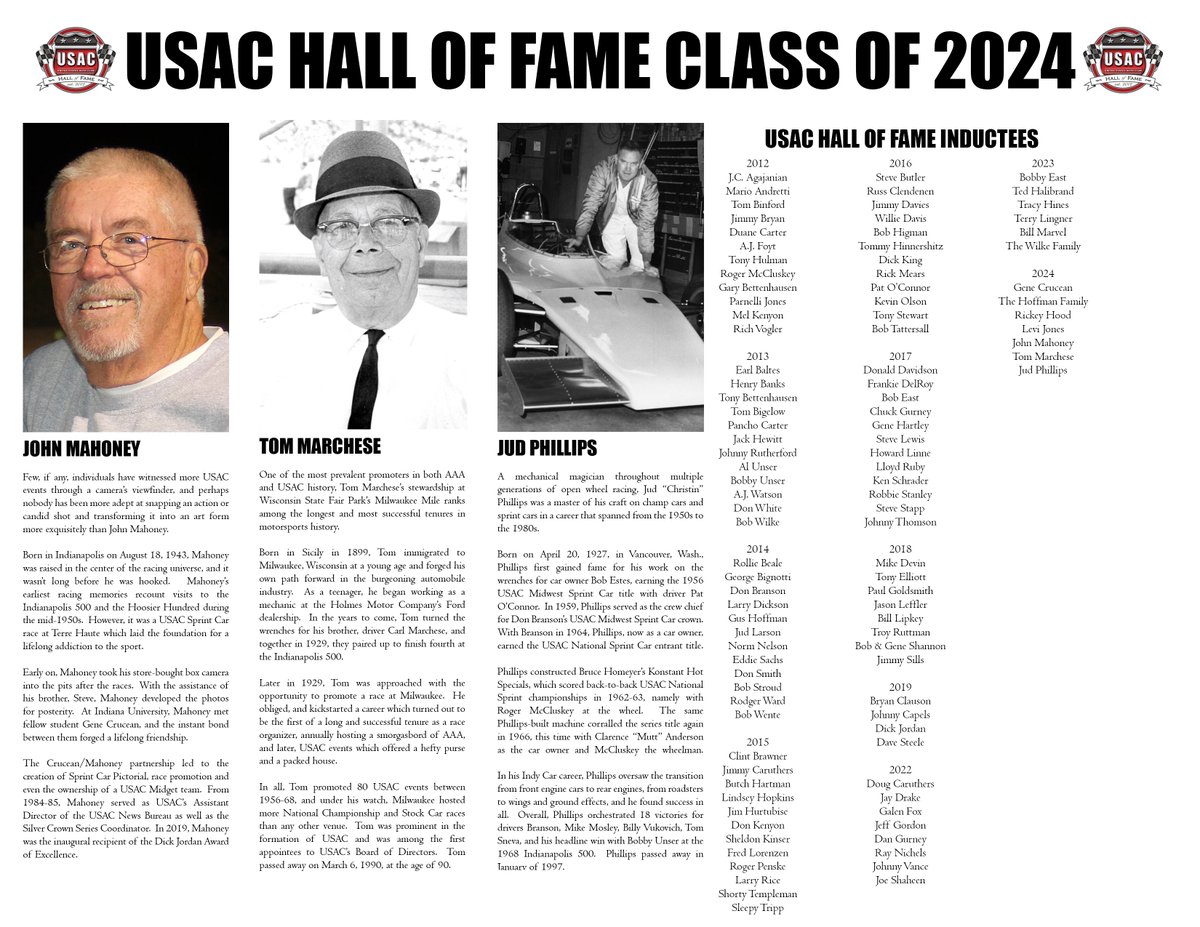 USACNation's tweet photo. Meet the USAC Hall of Fame Class of 2024! 📜

These greats of the sport will be honored this Friday, Sept. 27, at USAC Headquarters in Speedway, Indiana.

Lunch is included &amp; you must reserve your ticket by Monday at midnight ET!

𝑯𝑶𝑭 𝑻𝒊𝒄𝒌𝒆𝒕𝒔 🎟️ https://t.co/tWAnkRWEcR https://t.co/oUTFIybZPN