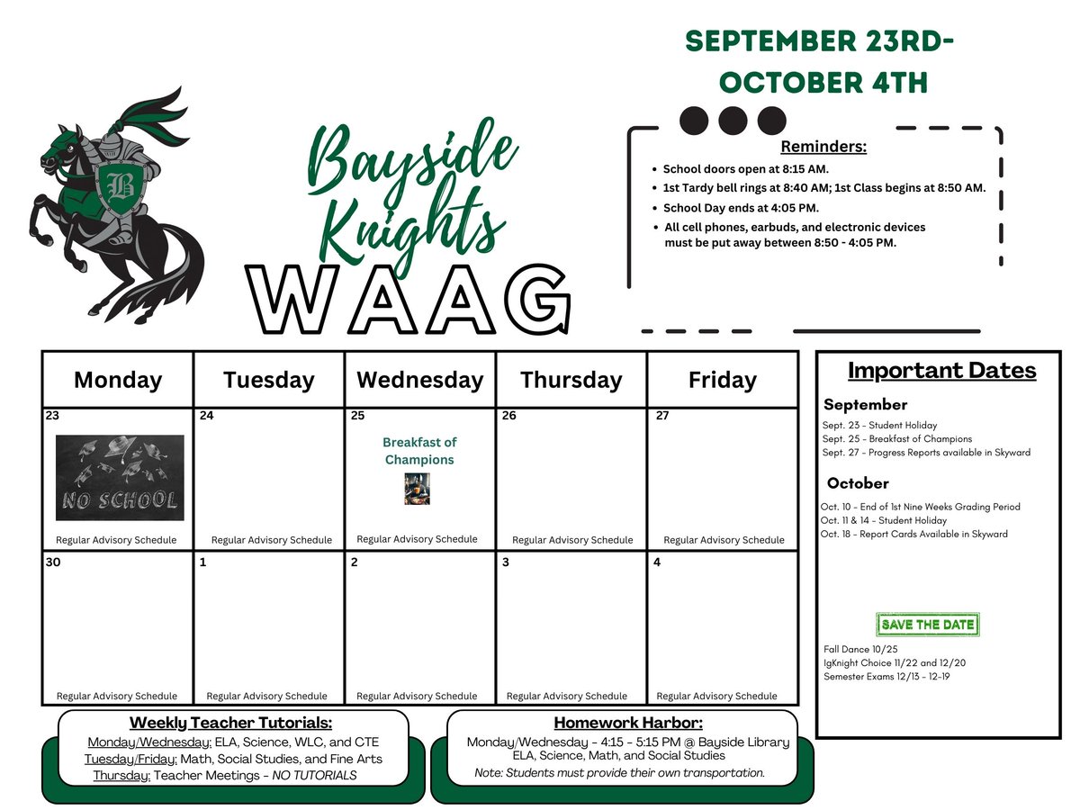 Just a friendly reminder that there will be no school for students tomorrow, September 23, 2024. Students, enjoy your day off! 😀
Be sure to check out our WAAG for this week.