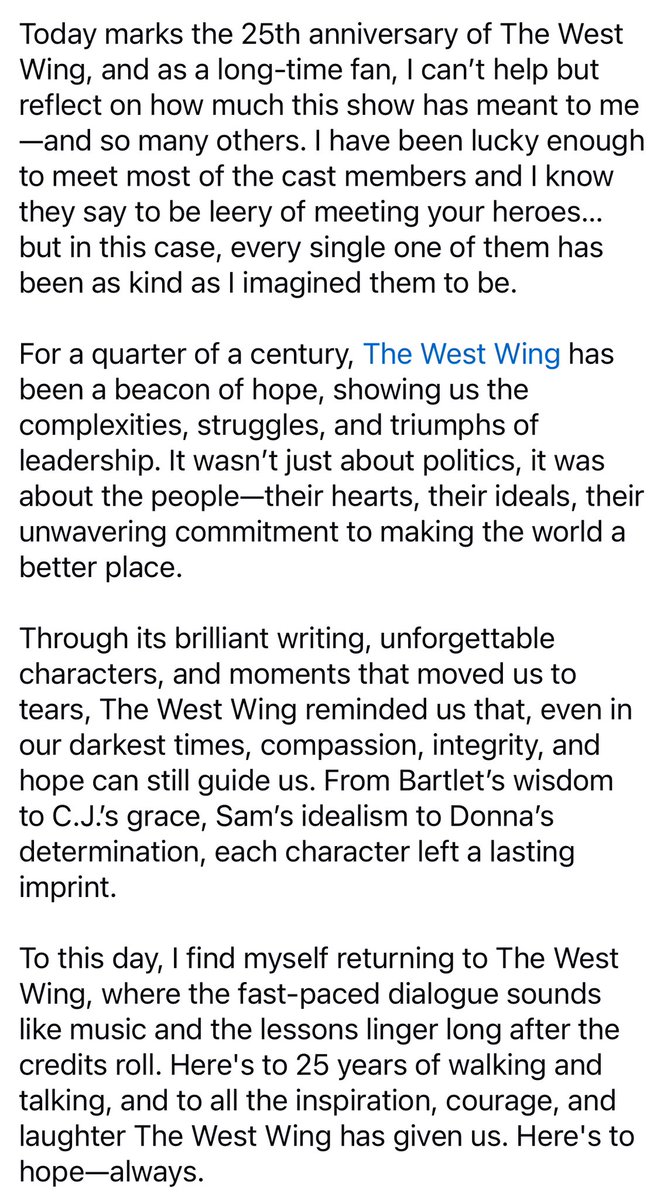 debraae's tweet photo. Thank you #AaronSorkin #MartinSheen #JohnSpencer  @AllisonBJanney @BradleyWhitford @Richard_Schiff @NellyMoloney @DuleHill @JoshMalina @maffyfitz @marycmccormack @itskimwebster @PJSActor @WilliamDuffyACT &amp; all involved in bringing #TheWestWing into my life ❤️ #25yearanniversary https://t.co/uuOrp8cX3P