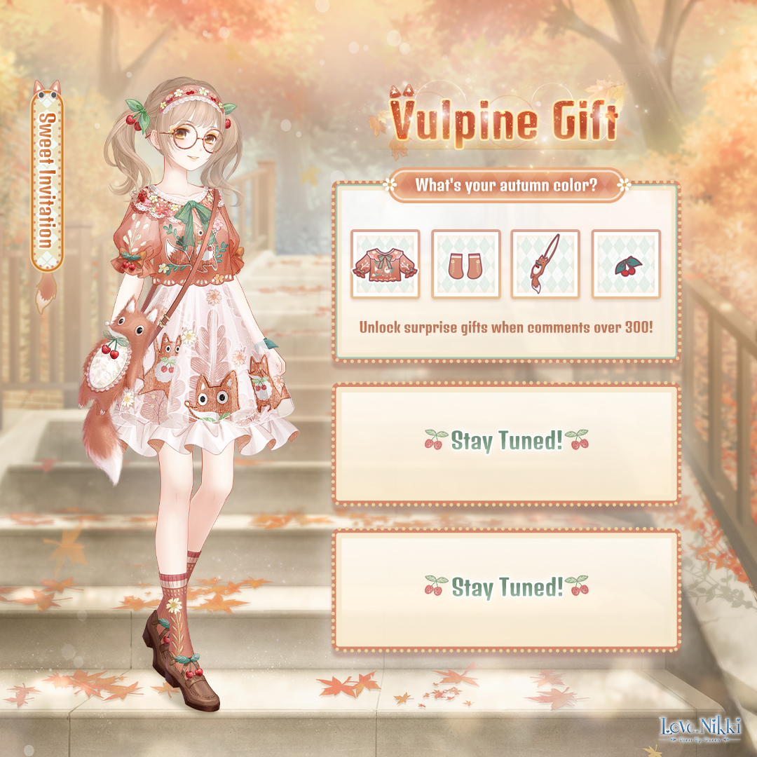 lovenikkimobile's tweet photo. 🎊Community Event: Vulpine Gift I
Stylists, what's your go-to Autumn fashion color? 
When we hit 300 comments on social media, you will receive [Sweet Invitation] parts in Mailbox. 
In-game rewards will be sent between 10.01 - 10.05 if we reach the goal. Let’s make it happen! https://t.co/AA2esSeIJH