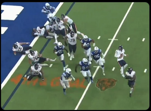 FredUrble's tweet photo. @MattBowen41 Pitiful job by the offensive line. No blocking at all by Shelton or Pryor. FOUR Bears on the ground at the GOAL line, while FIVE Colts are after Swift! More than embarrassing! https://t.co/0hV5z0AAFJ
