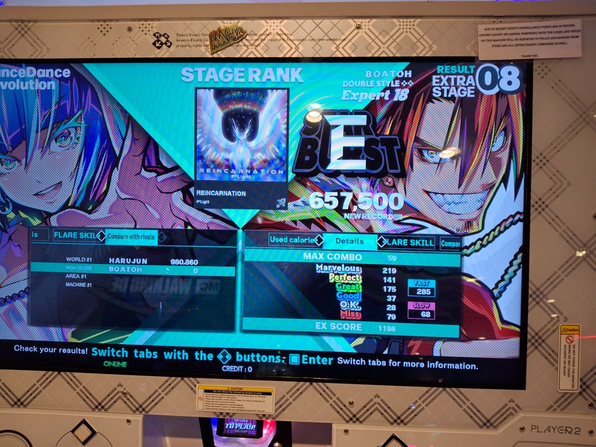 I played DDR today:

Lichtsaule EDP AA+! My second 17 AA+ on doubles!
Hitomania EDP 1 great
Polaris no Uta CDP full combo! 
I tried Reincarnation EDP lol. Zero chance I'm getting through the ending.

Only played doubles today, legs hurt