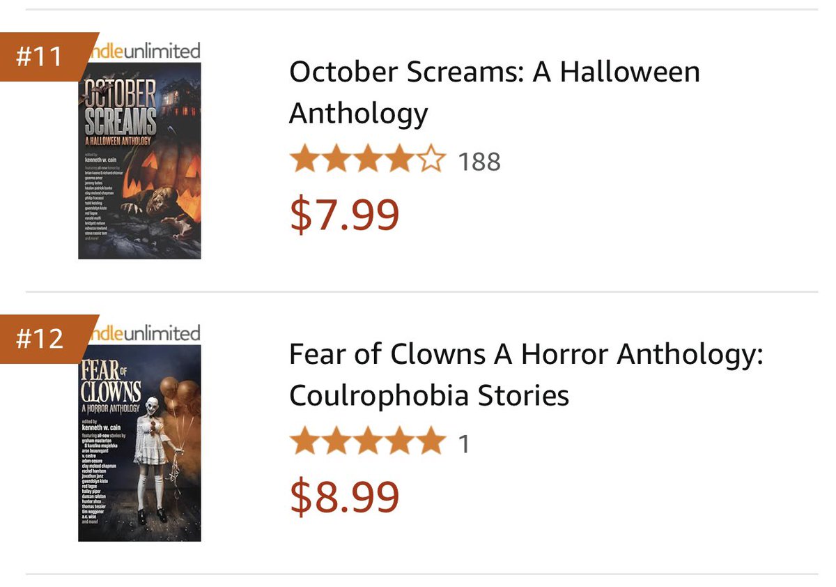 kkfilms's tweet photo. While I’d like to see Fear of Clowns higher, it does make me smile to see both books in the top 20, right next to each other.
#fearofclowns #Halloween #Halloween2024 #HorrorCommunity https://t.co/CS9LAanwj4