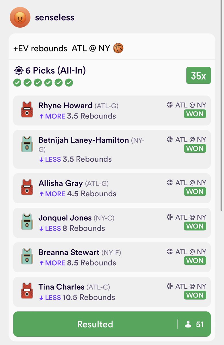 uhsenseless's tweet photo. quick +ev slip banged and 51 people tailed the 35x…your favorite wnba guru on #dabble 😤

#prizepicks #wnba #nba #AjaWilson #ohtani #esports #GamblingX #cs2 #kbo #soccer #nbl #dota #RainbowSixSiege #basketball #wnbaplayoffs #nfl #mlb https://t.co/5F1CW0evpA