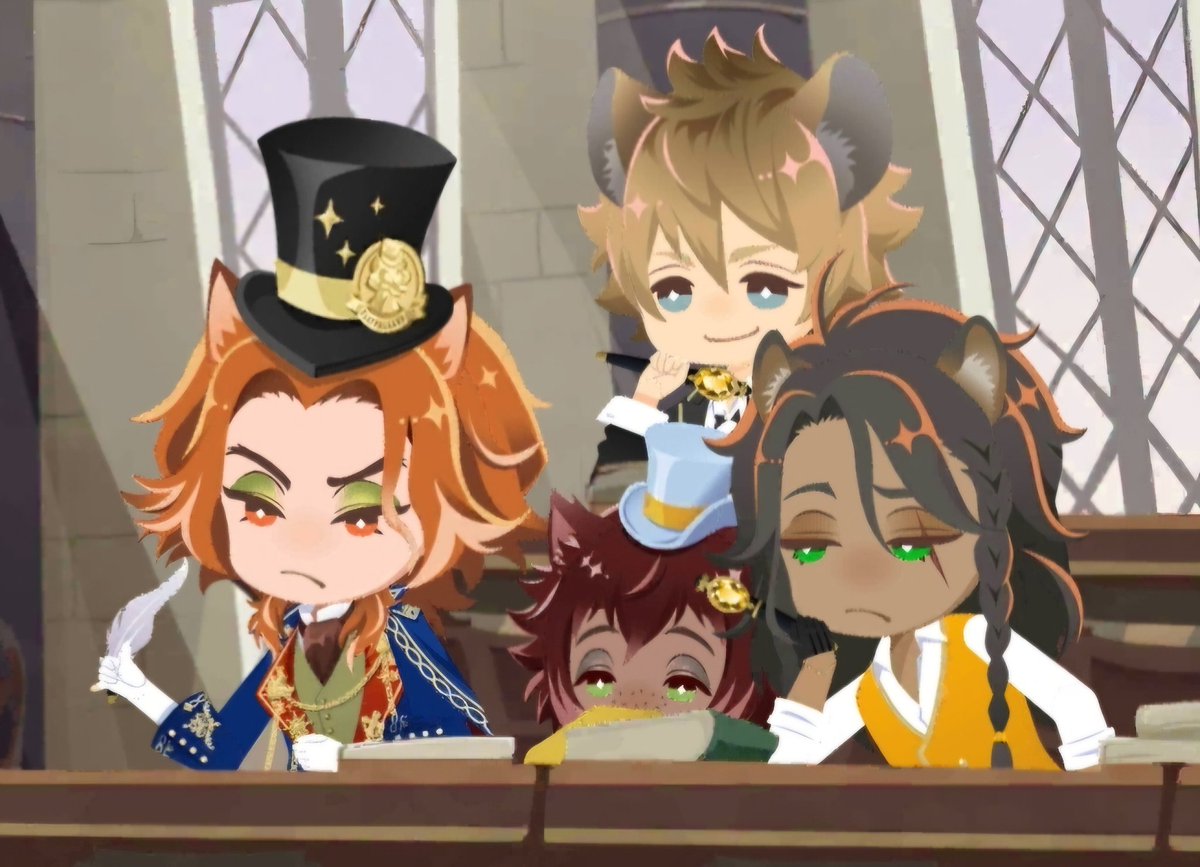 yuuki_kasuga's tweet image. レオナさん授業中頬杖ついて傾いてるから、そっち側にフェローさんが居るとギデルくん出てきたときみっちみちになって可愛い