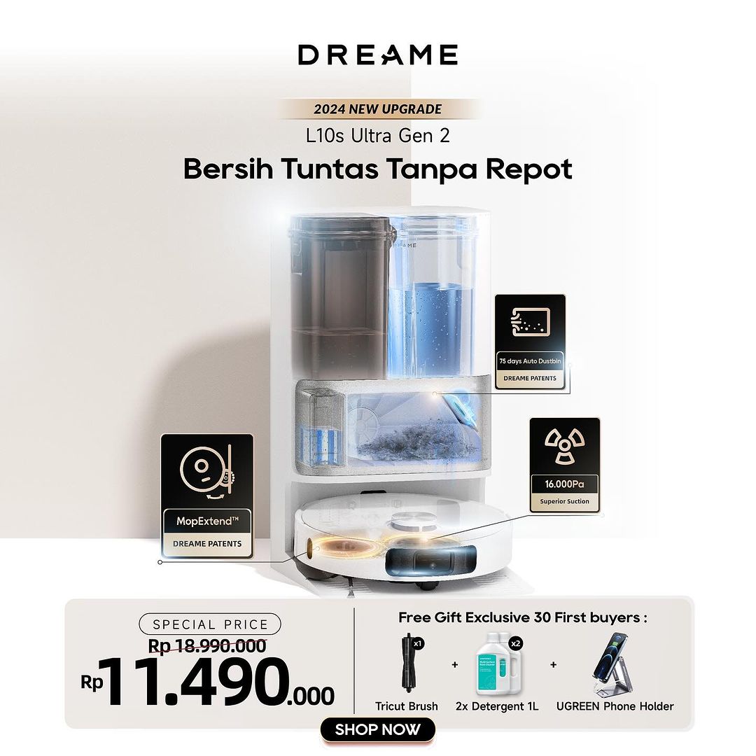 DreameIndonesia's tweet image. Introducing L10S Ultra Gen 2 #RobotVacuum with Effortless Cleaning for 75 Days.

3.2L dust bag and 10,000 suction power for unbeatable performance.

OPEN PRE-ORDER NOW!

Get special price and exclusive gift✨

#dreame #dreametech #dreameindonesia #robotvacuum #L10Sultragen2