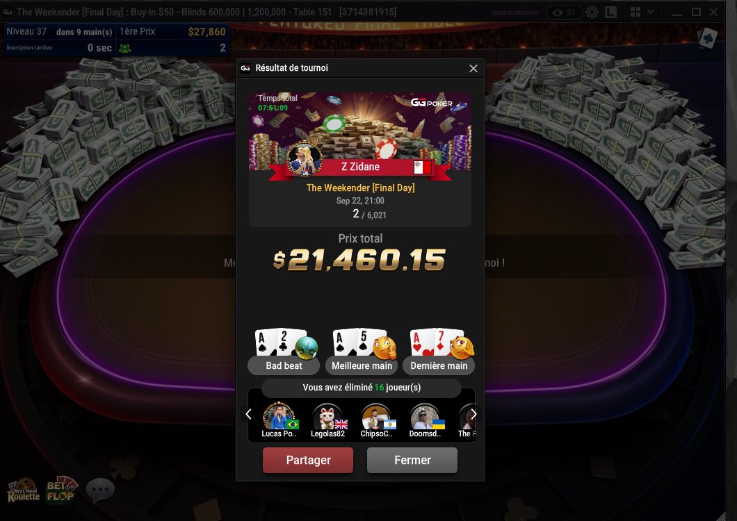 Plaisir un dimanche comme ça! Keep going! Et un bon spot sur PsCom demain, 100 lefts de 29k sur un 50$, je suis 10 en stack LFG! Mardi direction WPO Bratis😎🤝🏼🥳