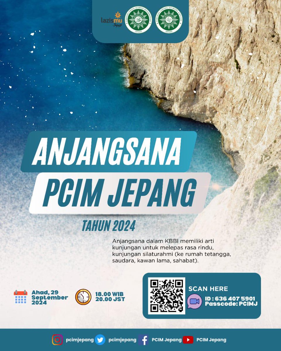 [Anjangsana PCIM Jepang 2024]
 Kami mengundang untuk hadir dalam Anjangsana PCIM Jepang yang akan diadakan pada:

📅 Ahad, 29 September 2024
🇯🇵🕗 20:00 JST 
🇮🇩🕕 18:00 WIB

🌐 Zoom: us02web.zoom.us/j/6364075901?p…

ID : 636 407 5901
Passcode : PCIMJ