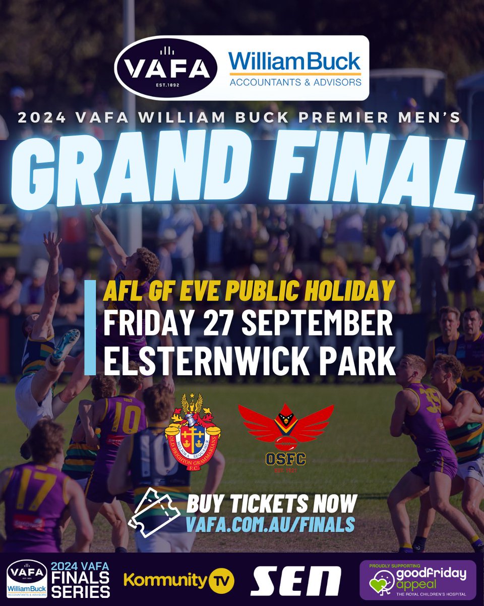 Welcome to Grand Final Week! 

The two teams are locked in for the 2024 VAFA William Buck Premier Men’s Grand Final, with Old Brighton and Old Scotch to do battle at Elsternwick Park on the AFL Grand Final Eve Public Holiday this Friday.

Get your tickets now.

#VAFAGF