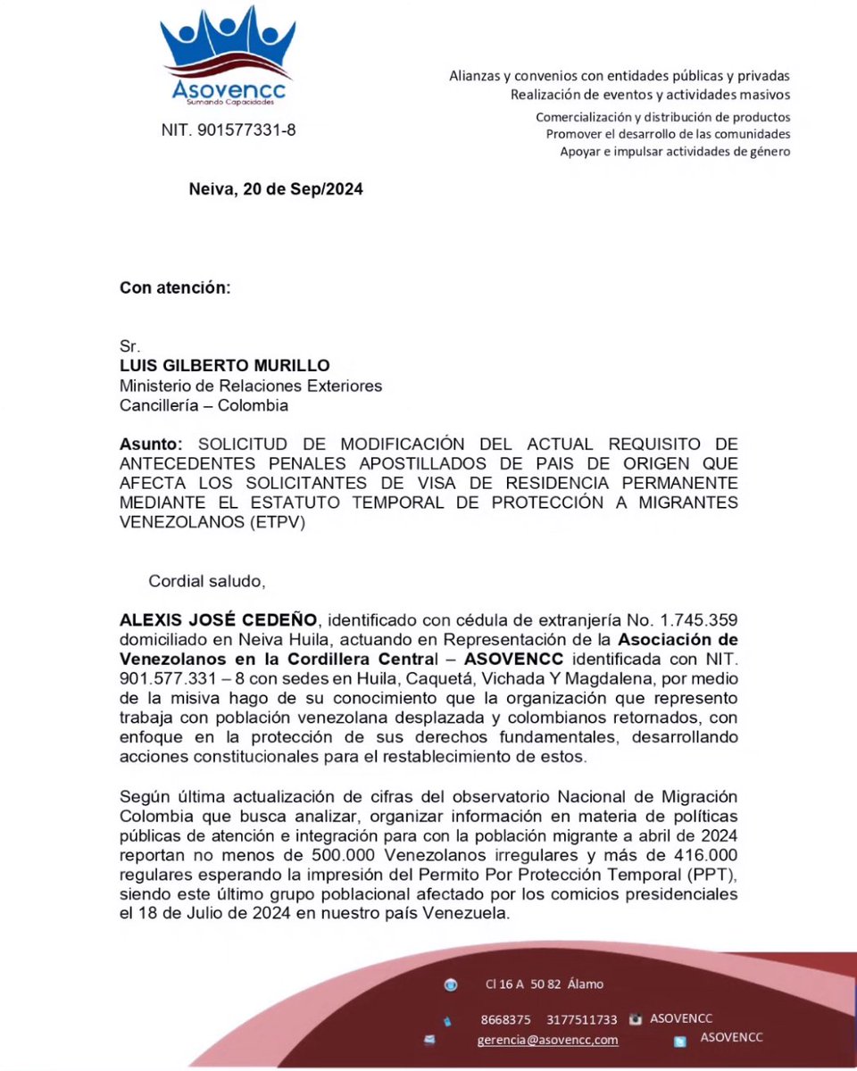 asovencc1's tweet photo. Derecho de petición a @CancilleriaCol 
@MigracionCol 

#DDHH #visaderesidente 
#venezolanosencolombia https://t.co/LfR209WZQP