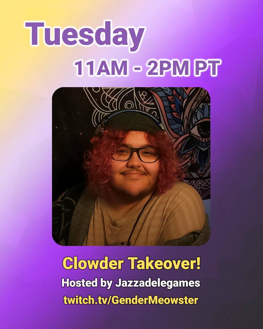 @GenderMeowster (they/them) 🏳️⚧️ ♿ (@gendermeowster) on Twitter photo Meow live with CLOWDER TAKEOVER Shenanigans featuring @jazzadelegames playing #WyldeFlowers! Join The Clowder at tv/GenderMeowster on #Twitch Meow live with CLOWDER TAKEOVER Shenanigans featuring @jazzadelegames playing #WyldeFlowers! Join The Clowder at tv/GenderMeowster on #Twitch