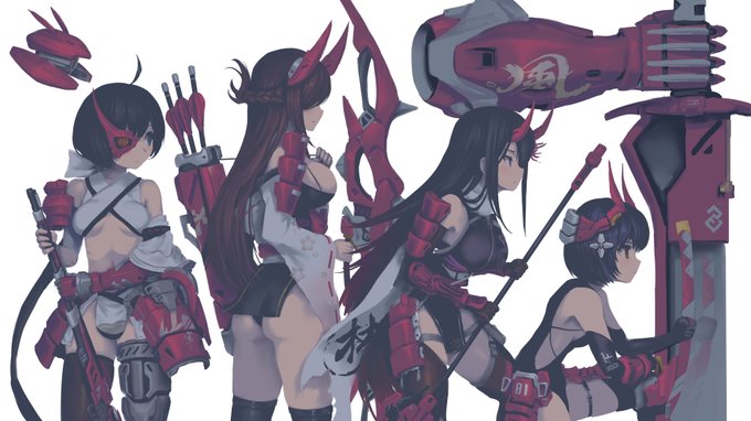 今回は試験的に普段のカッチリ線画から入らない仕上げをやろうと
①コントラストの低い色で字や模様以外1レイヤーで全体塗り
②全体締めに一段階暗い部位を別レイヤーで入れ
③曇り空の色合いシミュレートしながら背景と空気遠近
④逆光効果になる加算類を最後に全体
で元画像の状態に完成です。 