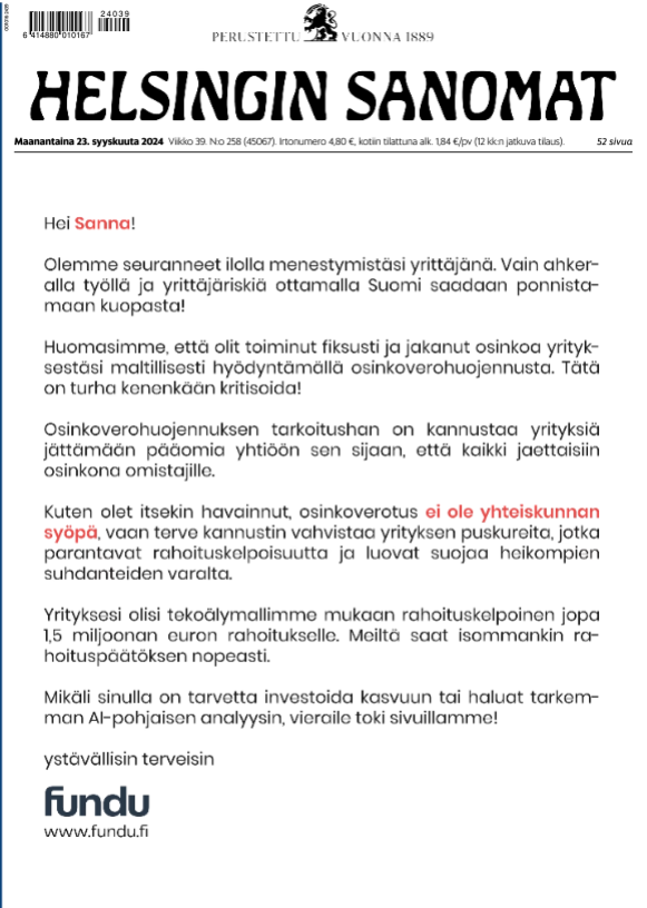 Olipa mainio mainos tänään HS:n etusivulla. Kiitos, <a href="/lassevuola/">Lasse Vuola</a> ja kumppanit. #yrittäjät
