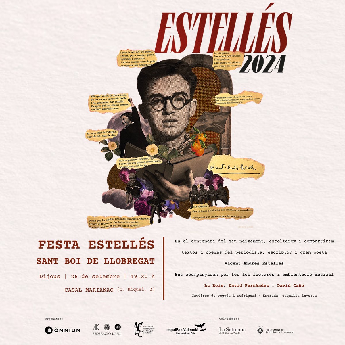 Acompanya’ns a la Festa Estellés de #SantBoi. 

La Lu Rois, en David Fernández i en David Caño ens amenitzaran la festa!

No hi faltis!

📅 Dijous 26 de setembre 
🕑 A les 19:30 h 
📍Casal Marianao. C/ Miquel 2, #SantBoi