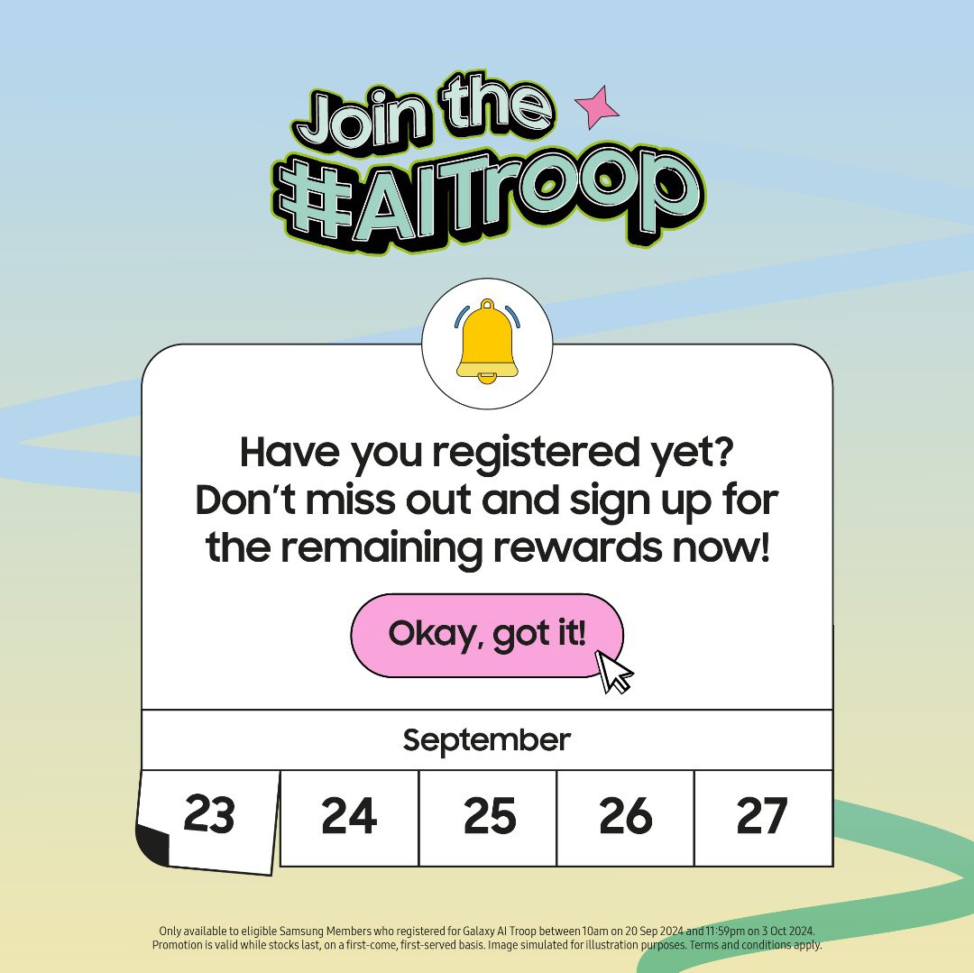 Samsung Members! Dah sign up for #AITroop? Check email korang untuk redeem rewards! Belum daftar? Takpe, cepat register now! Pin that email for easy access! <a href="/SamsungMalaysia/">Samsung Malaysia</a>