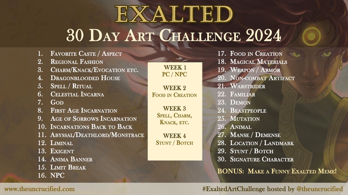 TheUncrucified's tweet photo. Exalts, are you looking for a fun OCT activity? Join my challenge to draw 30 daily topics (or 4 weekly topics) inspired by the epic world of the Exalted TTRPG! I'm posting this a lil early so you can start prepping.
- All art forms welcome!
- Use #ExaltedArtChallenge
- Have fun! https://t.co/asysp0BjKm