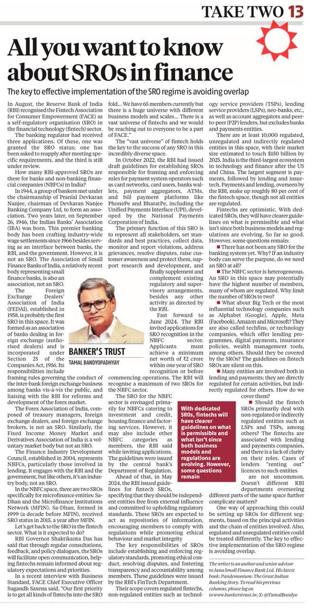 TamalBandyo's tweet image. One Fintech #SRO has got ⁦@RBI⁩ approval. There will be more. How many SROs do we need in Indian financial sector? Latest #BankersTrust in ⁦@bsindia⁩